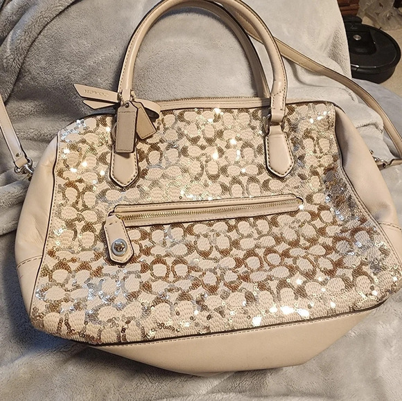 Coach Champagne Leather Gold Sequined Poppy Signature East West Satchel - Picture 3 of 9